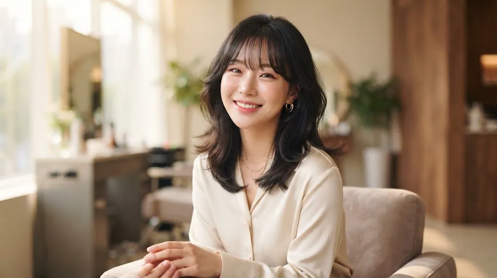 A woman with a round face shape showcasing soft see-through Korean bangs and face-framing side tendrils that slim the jawline.