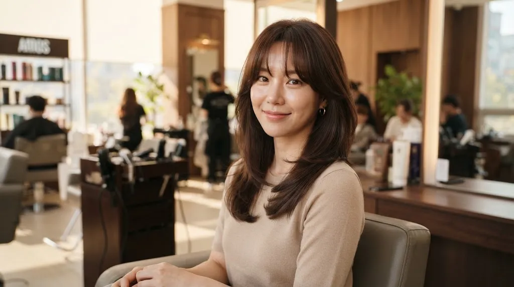 Korean see-through bangs and cascading side tendrils softening a square face shape