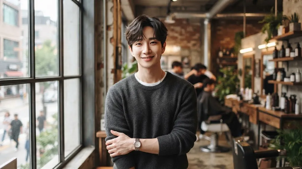 A young man with a stylish Korean layered haircut featuring textured volume on top and tapered sides in a modern setting.