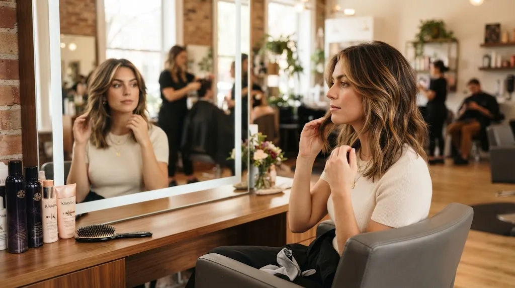 Woman looking thoughtfully at her layered haircut in a salon mirror while considering solutions for layer cut regret