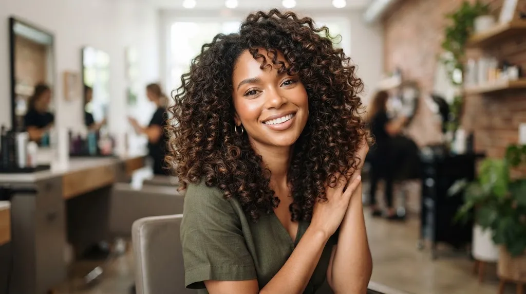 A professional hairstyle showing customized layer cuts for curly hair with defined, bouncy ringlets and balanced volume.