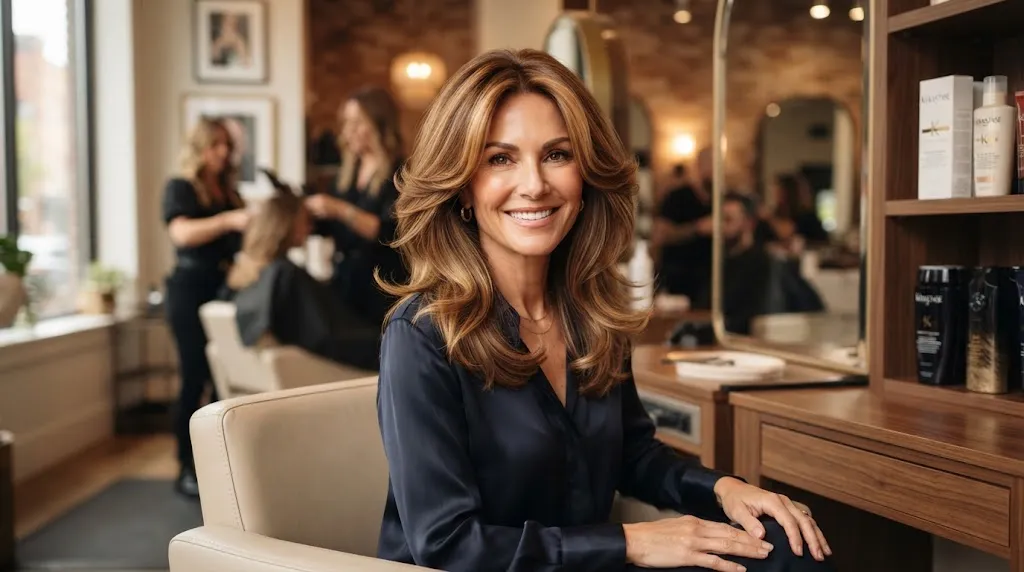 An elegant woman with a professional layered haircut featuring face-framing pieces and a bouncy blowout