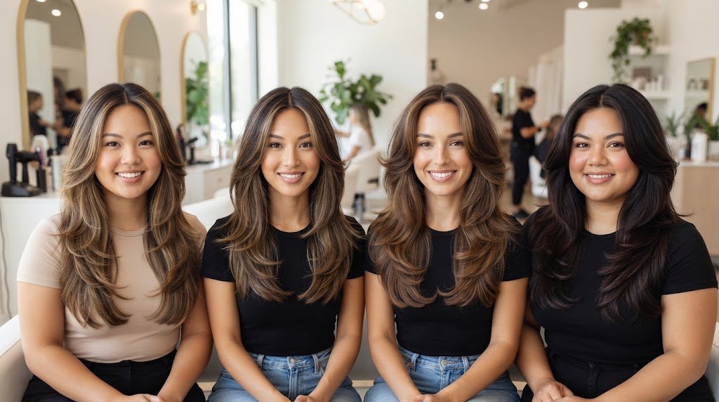 Four women with various face shapes showcasing long layer step cut hairstyles in a modern hair salon