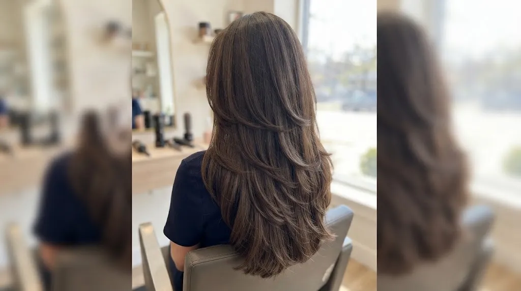 Back view of a woman with long, thick brunette hair styled in a precision layer step cut with distinct, graduated ledges and maximum bounce in a salon setting.