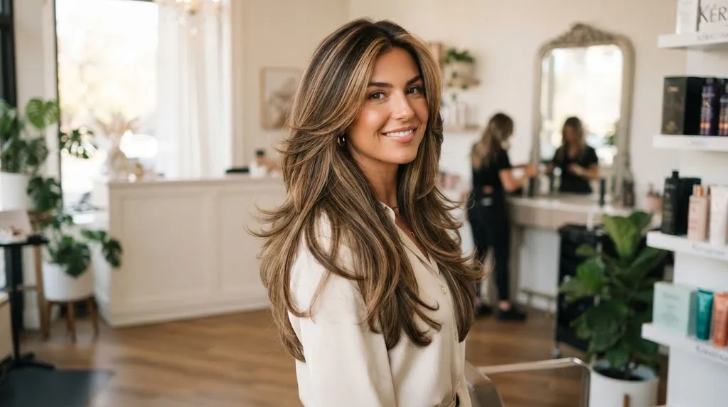 Professional salon view of a layer step cut for long hair showcasing cascading tiers and high-impact dimension.