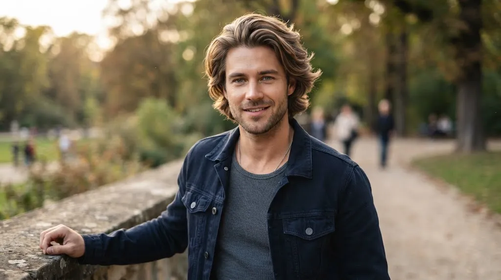 A close-up side profile of a man with a stylish layered flow haircut showing textured medium-length hair sweeping naturally back.