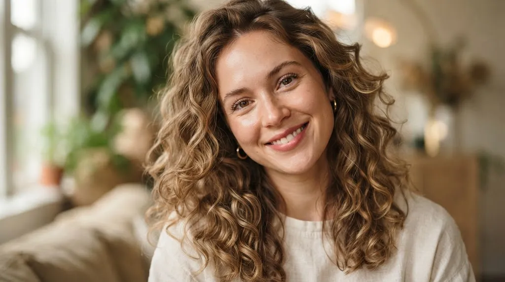 Close-up portrait of a woman showcasing natural light curls and soft hair texture to help differentiate between loose waves, light curls, and tight coils.