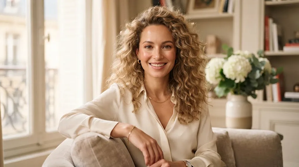 A woman with voluminous light curly hair styled to complement oval, heart, and square face shapes with soft framing layers