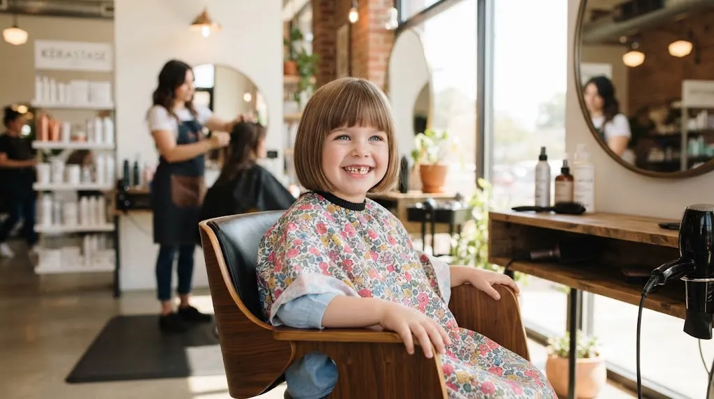 A cute little girl with a low-maintenance blunt chin-length bob and soft fringe hairstyle in a salon