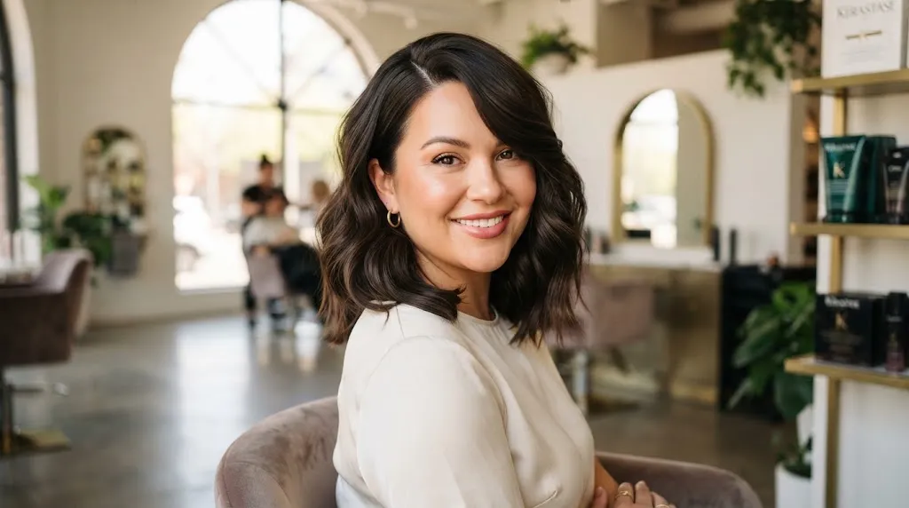 A stylish woman with a round face showcasing a professional long bob (lob) haircut featuring a deep side part to elongate and slim facial features.
