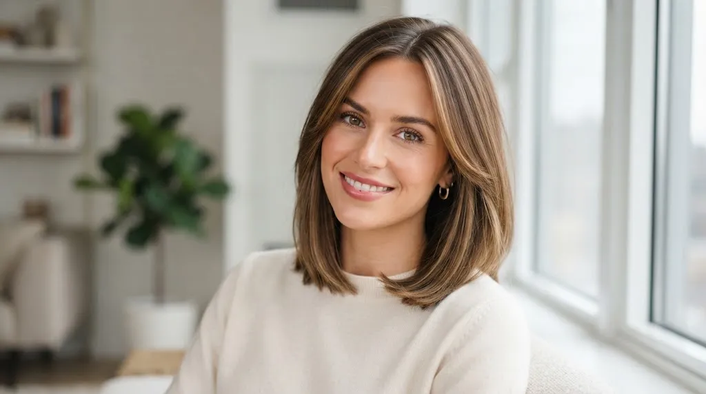 Front view of a woman with a trendy lob (long bob) haircut resting above her shoulders, showcasing smooth texture and modern styling