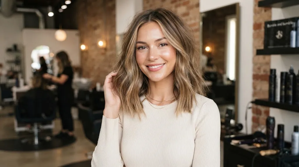 A stylish woman with a textured long bob (lob) haircut falling between the chin and collarbone to elongate a round jawline.