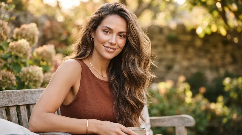 A woman with beautiful, long cascading layers hair showing soft movement and natural volume