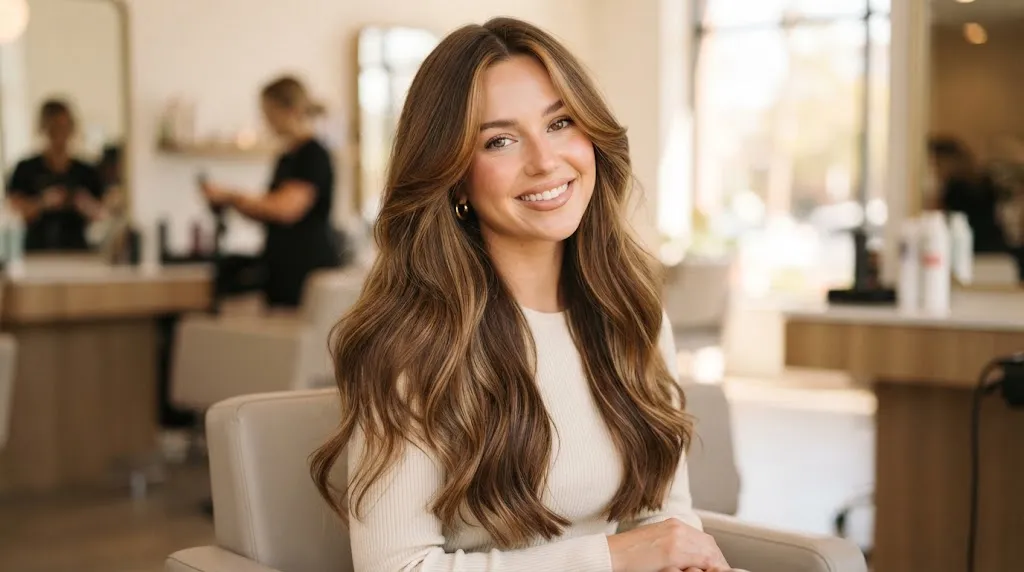 Woman with long hair showcasing soft, professional face-framing layers in a salon setting