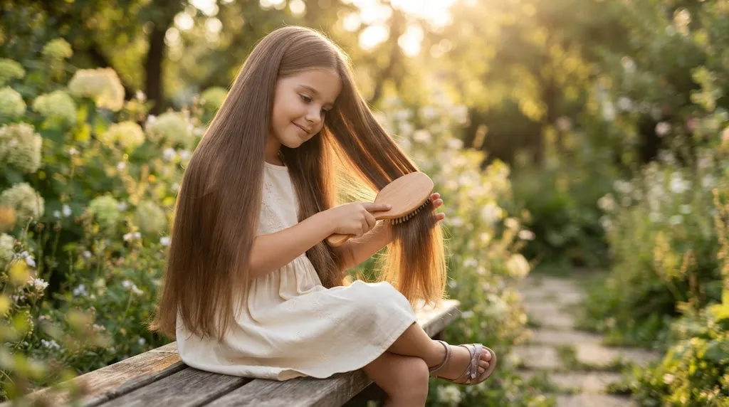 A young girl sitting outdoors with long, smooth, tangle-free hair in natural sunlight