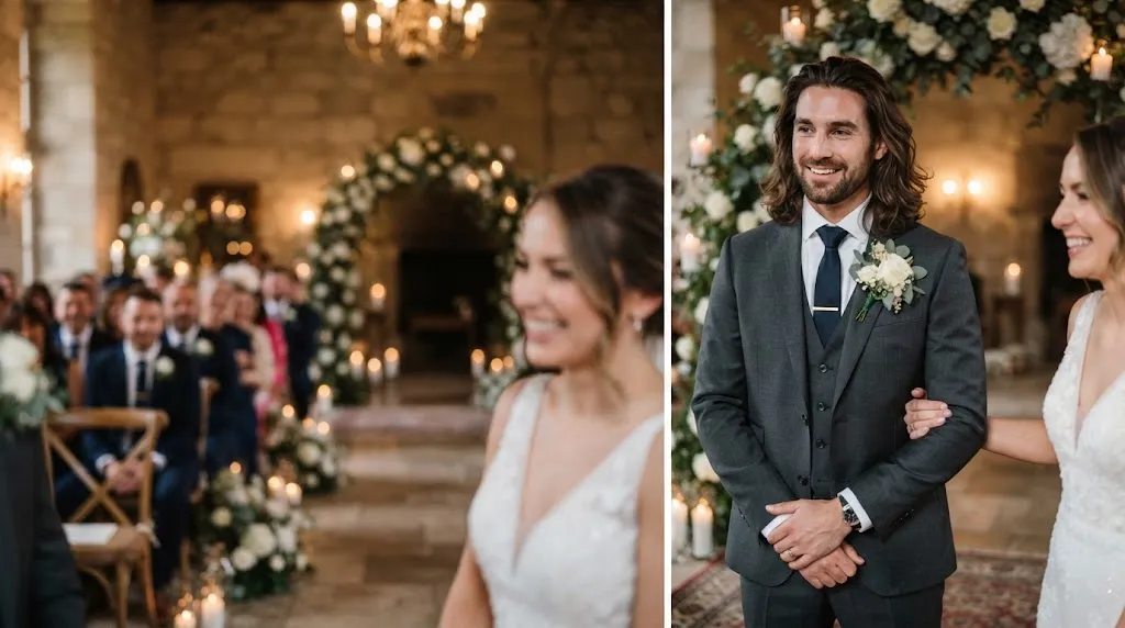 A handsome groom with a stylish long hair groom hairstyle for a modern wedding day look