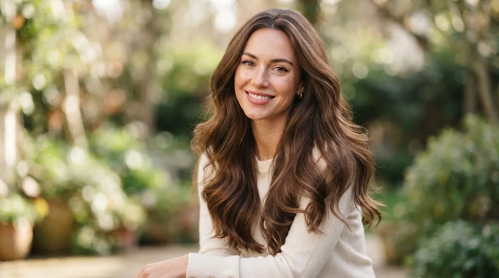 Woman with long, glossy, cascading brown hair styled in soft open waves for long hair
