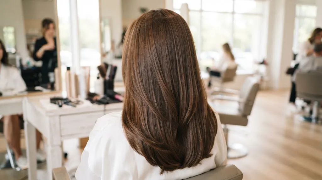 Back view of a woman with long, healthy hair styled into a soft U-cut to preserve length while removing corner bulk