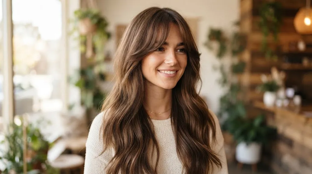 A woman with long brown hair and soft center-parted curtain bangs framing her face in a salon setting