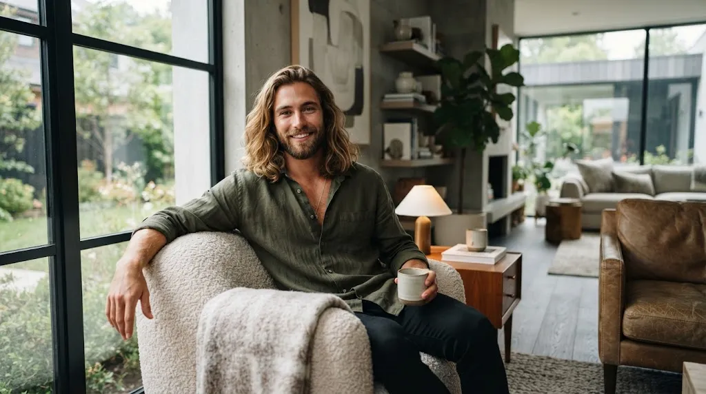 A stylish man with long hair and a well-groomed beard representing the ideal balance for various face shapes and hair lengths.