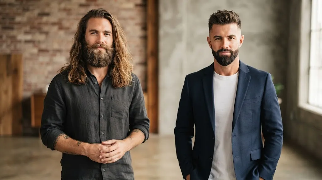 Professional comparison of a man with long hair and a full beard versus a man with short hair and a trimmed beard