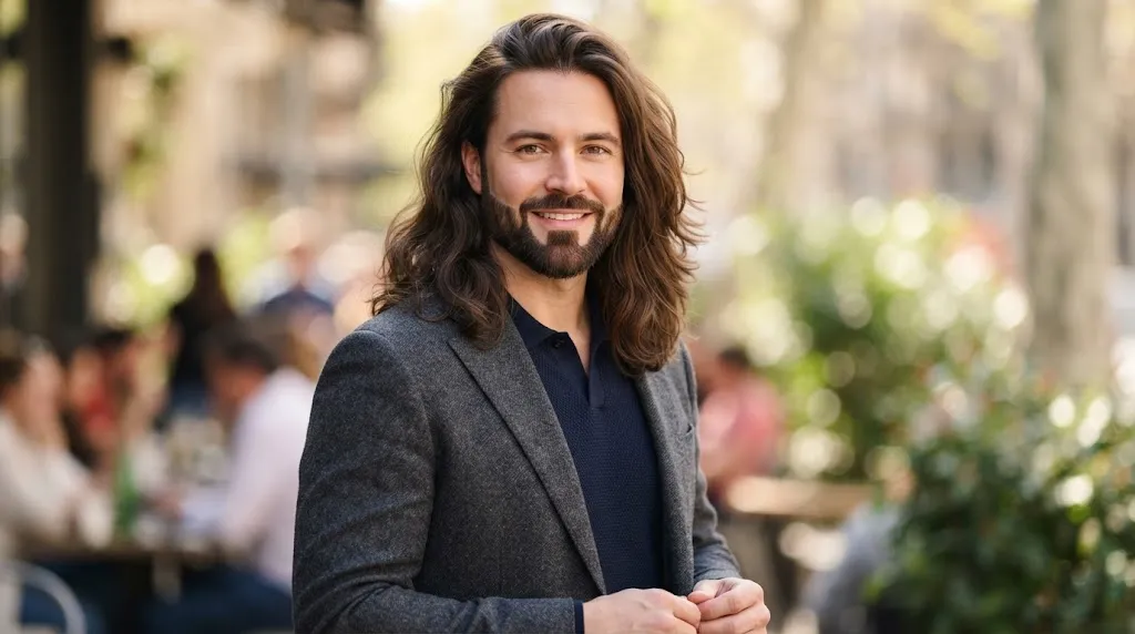 A stylish man with long flowing hair and a shaped boxed beard designed to slim a round face shape