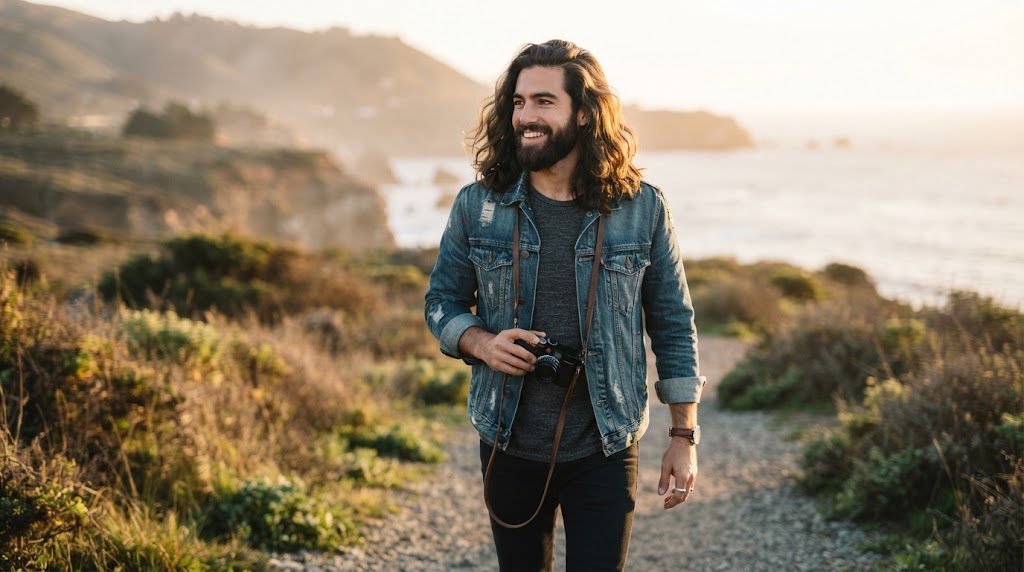 Handsome man with long flowing hair and a well-groomed full beard showcasing balanced visual weight and styling in 2026