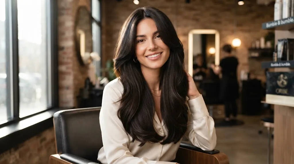 A woman with long dark hair and cascading face-framing layers designed to slim and balance a full face shape.