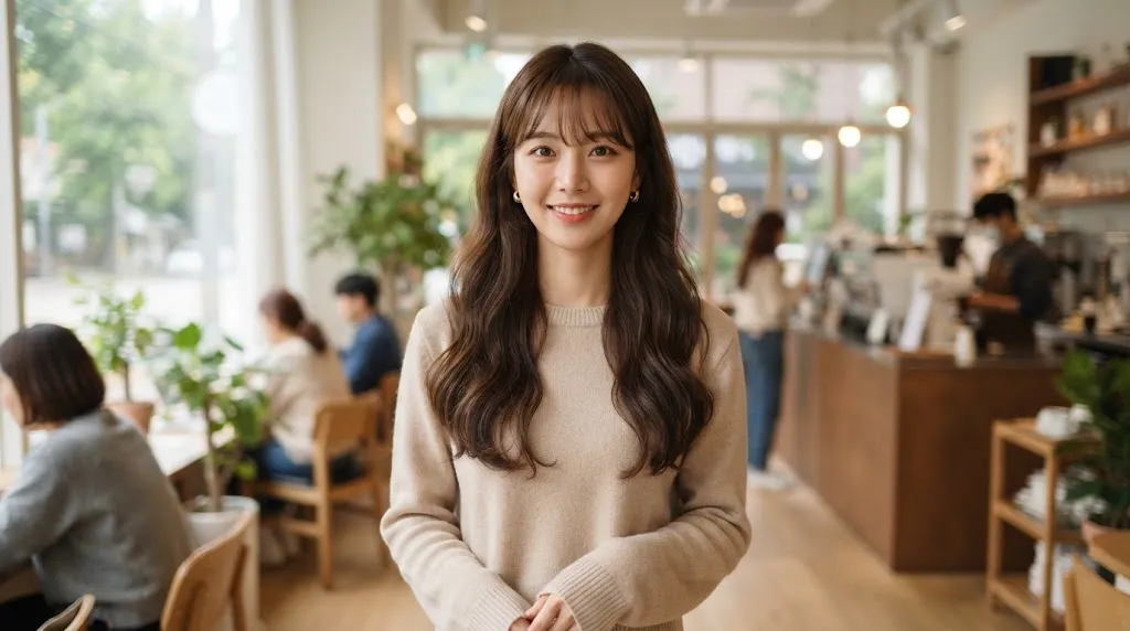 Young woman with long hair and soft, airy Korean see-through bangs framing her face