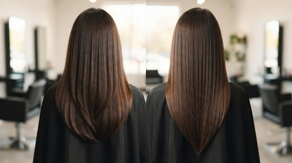 A side-by-side comparison showing the back view of two long-haired women, one with a rounded U-cut and the other with a pointed V-cut, in a salon setting.