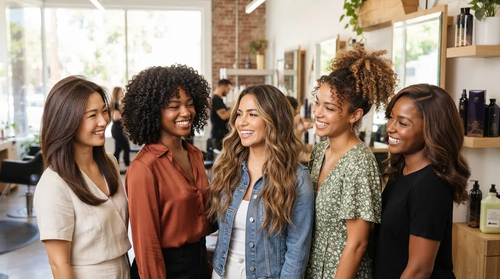 A beautiful showcase of different long hair textures including sleek straight, soft wavy, and defined curly hair styles for women.