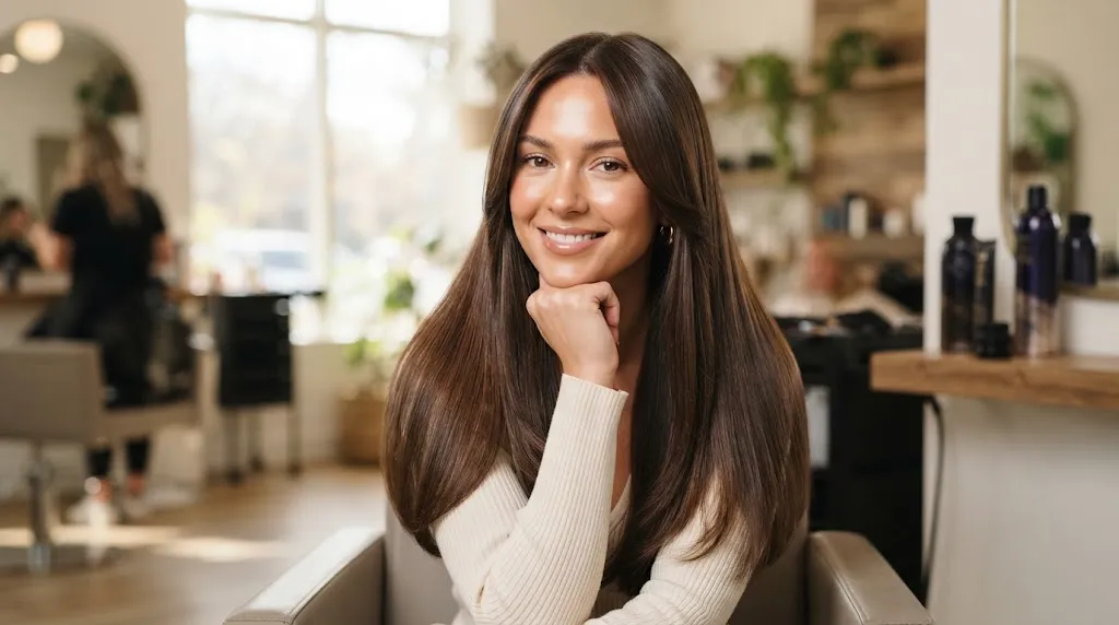 Woman with sleek, long straight hair showcasing seamless layers and face-framing graduation