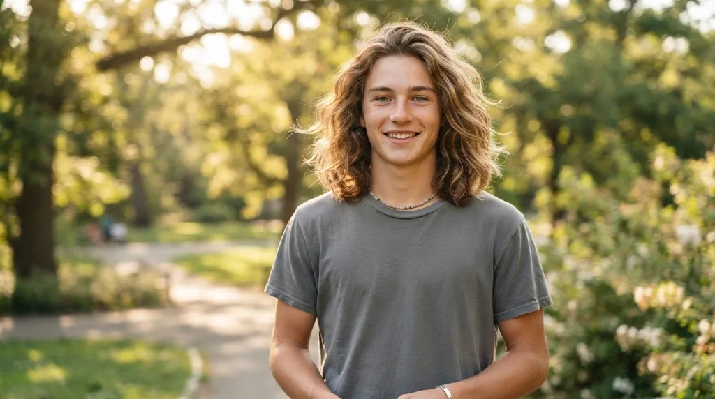 A teenage boy with handsome, shoulder-grazing long layered hair and natural waves outdoors in the sunlight