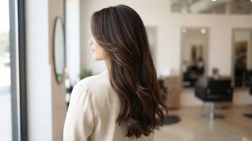 A woman with long, dark brown hair styled with beautiful, cascading long layers inside a modern salon.