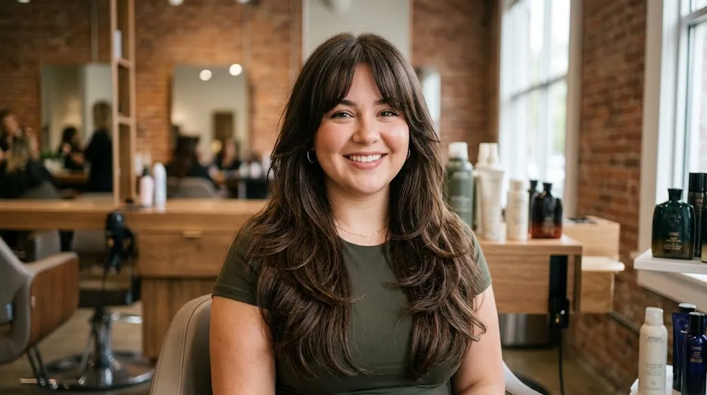 A woman with a chubby face showing a long layered haircut with soft curtain bangs starting below the chin to visually elongate her face shape.