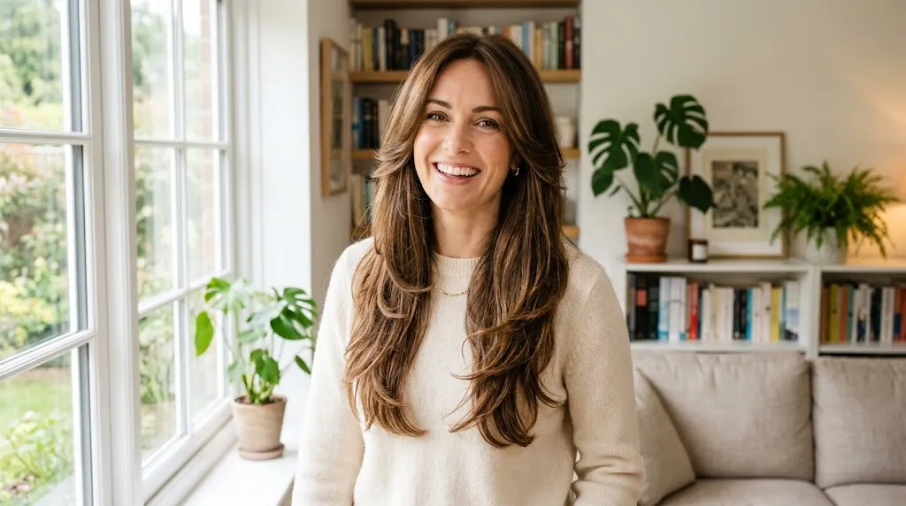 British woman featuring a long layered haircut with chin-length face-framing layers that slim a fuller face shape.