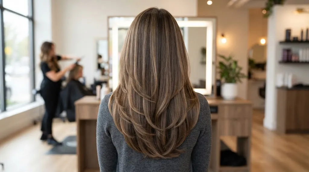 A woman with a long layered U-cut hairstyle showing a beautiful curved hemline and smooth cascading layers
