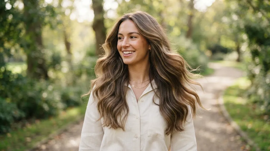 Professional photo of a woman with beautiful long layered hair showing soft movement and natural texture