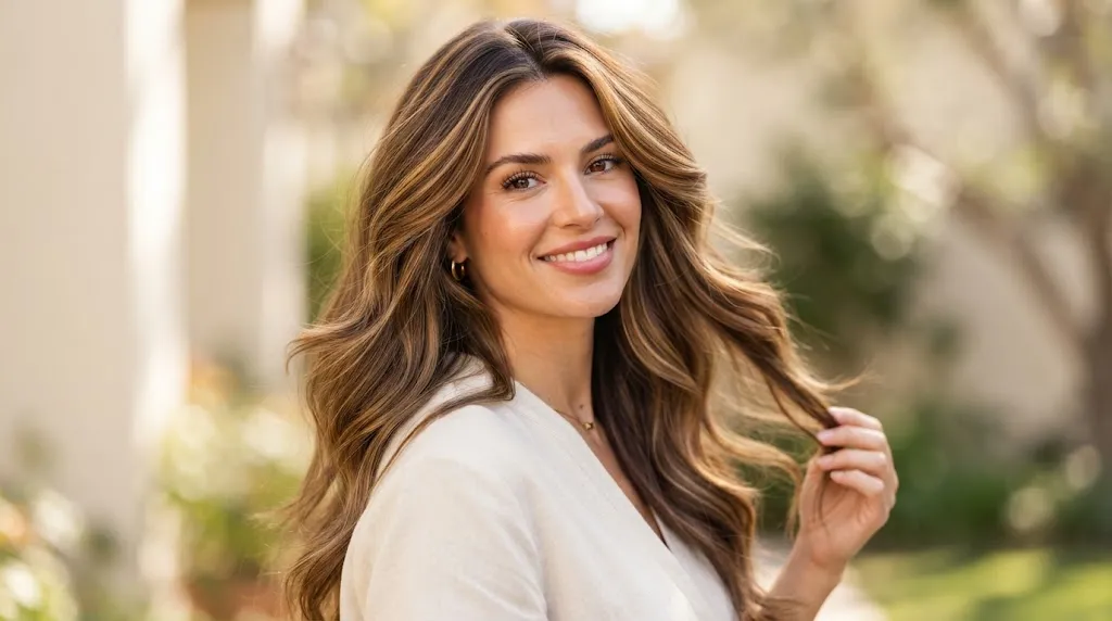 Woman with a long layers haircut showing graduated lengths and soft movement