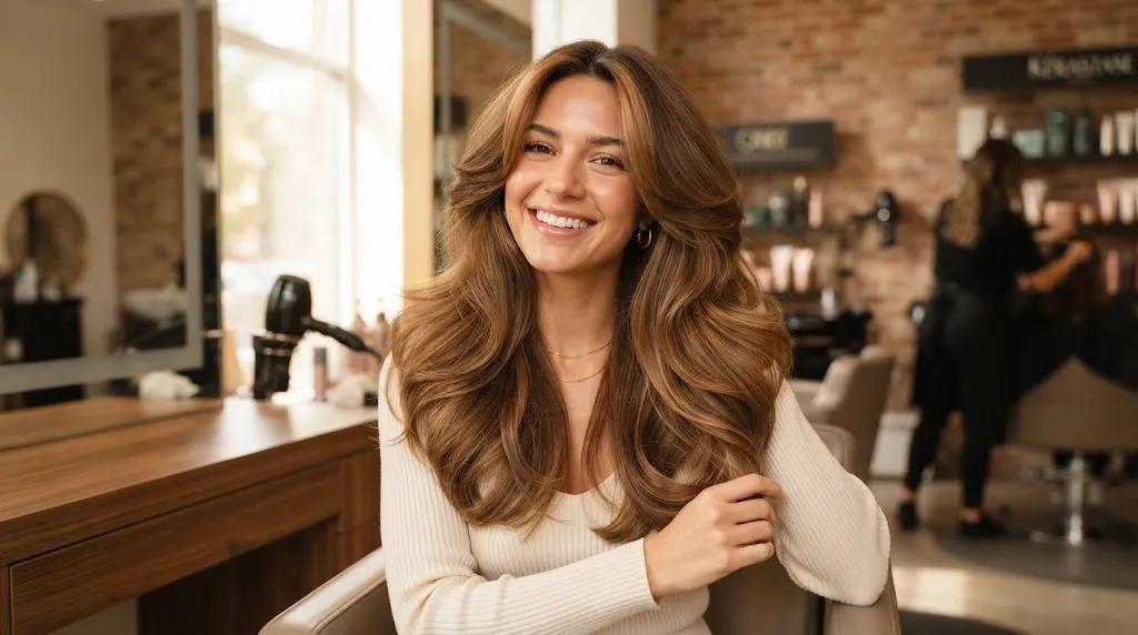 A young woman showcasing trendy long layered hair with soft face-framing pieces in a bright, modern salon setting