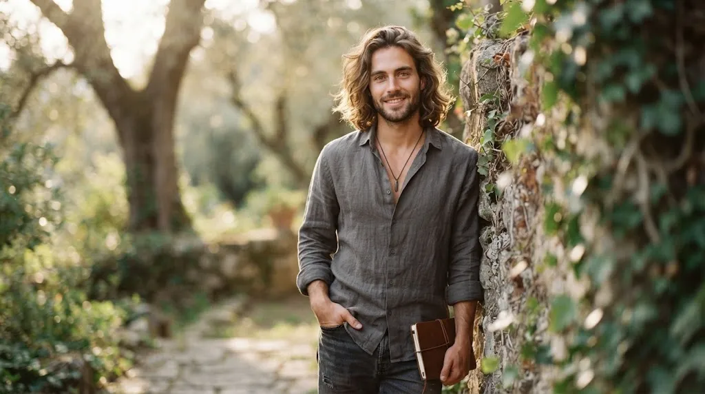A handsome man with medium-length wavy hair styled in a classic long middle part haircut, standing in natural sunlight.
