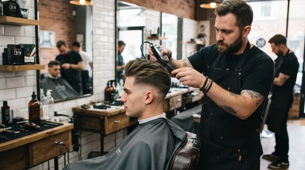 A professional barber demonstrating the length of a long military haircut with a textured top and clean taper on the sides.