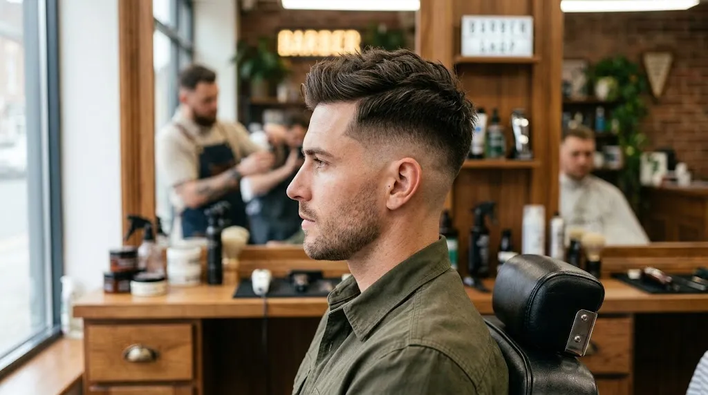 Side profile of a man with a long military haircut featuring textured length on top and clean tapered sides in a barbershop