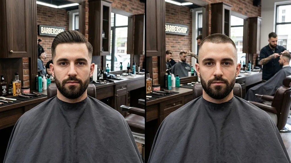 Side-by-side visual comparison of a long military haircut with textured top length next to a classic short military high and tight skin fade cut.