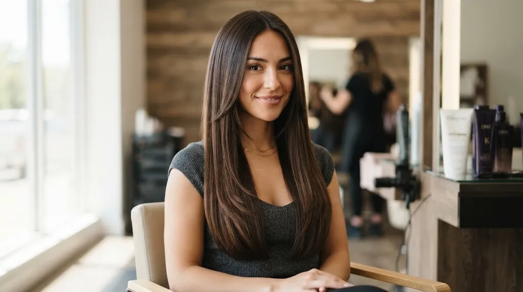 Long straight hair with face-framing layers starting below the chin, creating a slimming vertical line on a round face