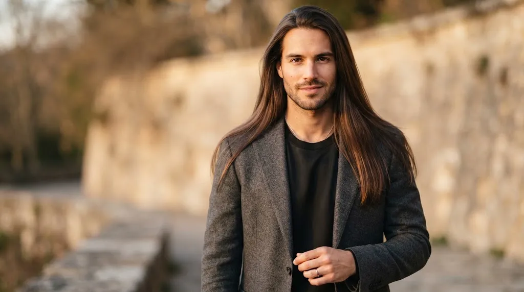 A stylish man with well-maintained long straight hair showcasing a sleek, smooth flow and natural shine.