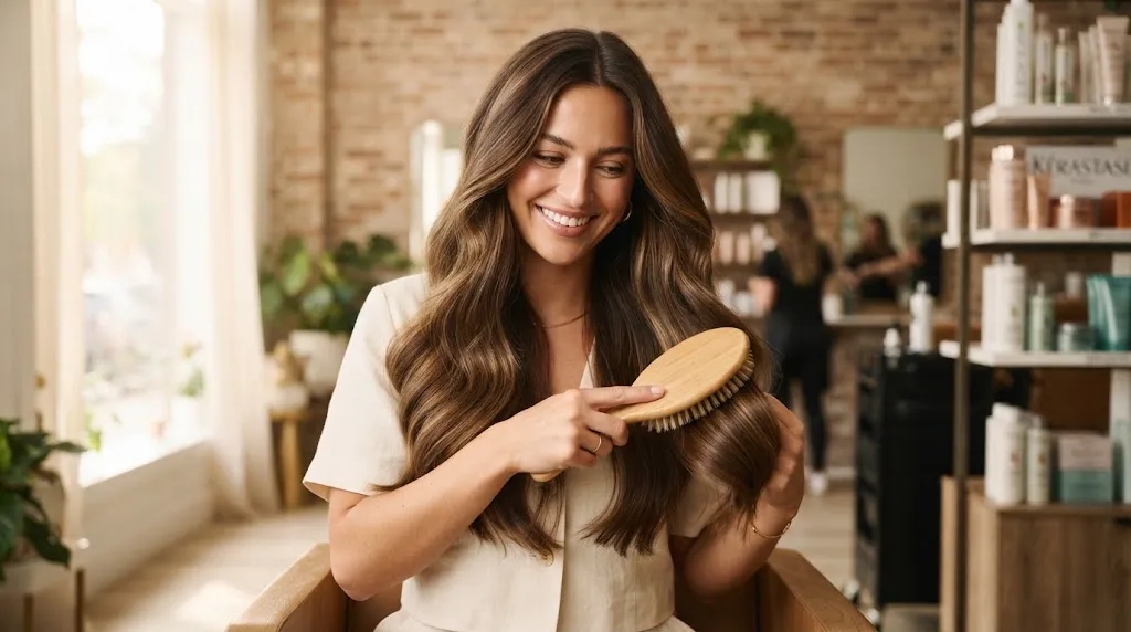 Woman with long, healthy thick hair practicing proper brushing and care to prevent breakage