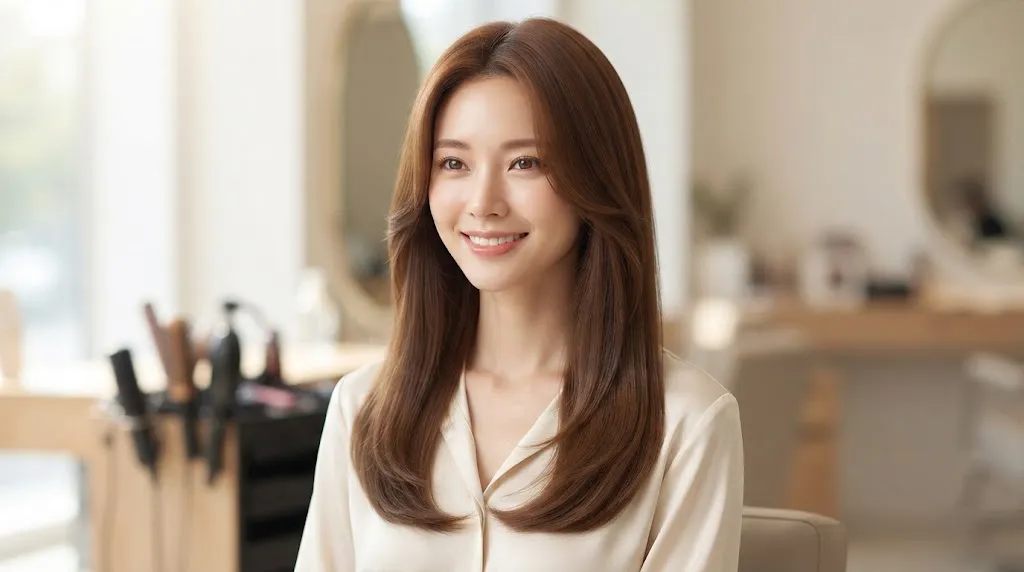 A beautiful woman with a long, chestnut-brown U-cut hairstyle and a perfectly symmetrical oval face shape, smiling in a salon setting.