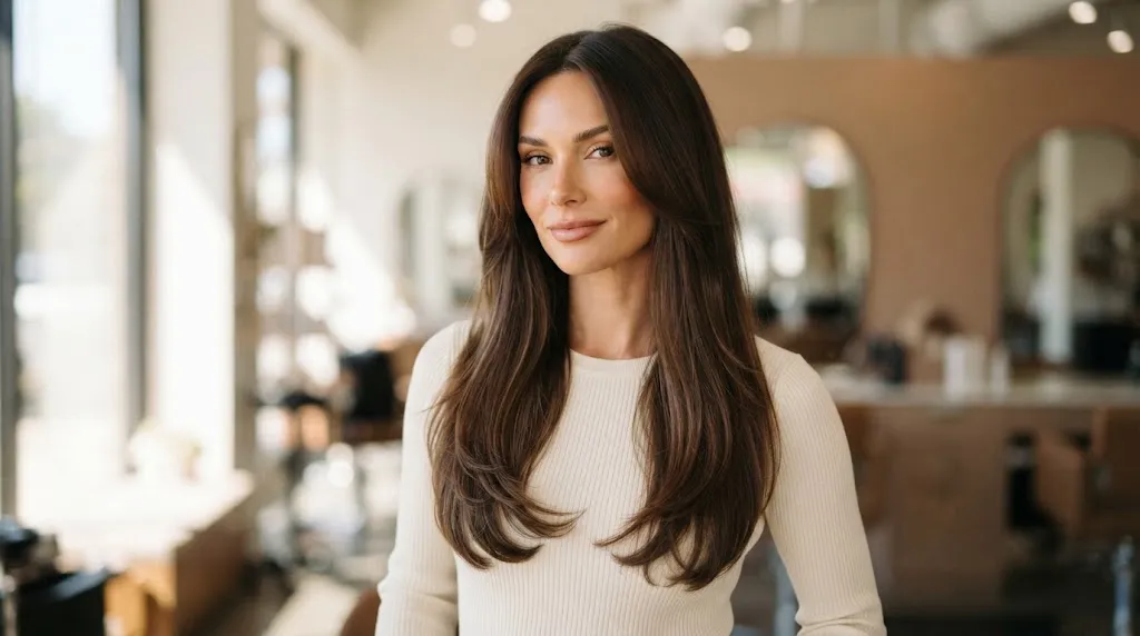 A woman with a square face shape modeling a long, layered U-cut hairstyle that softens her jawline in a professional salon setting.