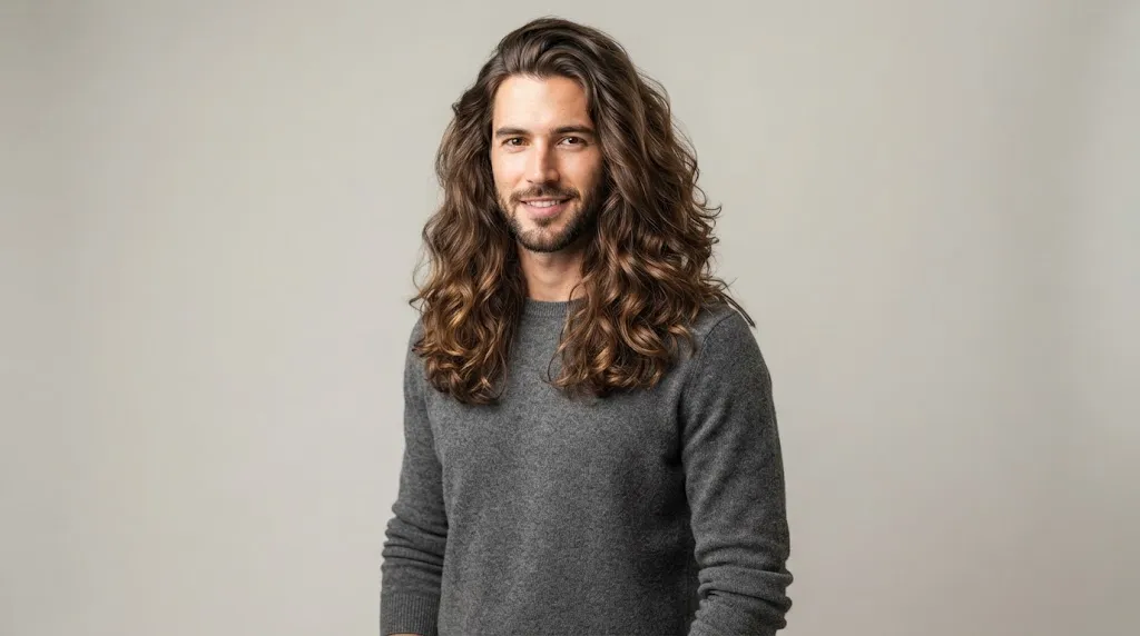 Professional male hair model showcasing long wavy hairstyles for men in a bright studio setting with healthy natural texture.